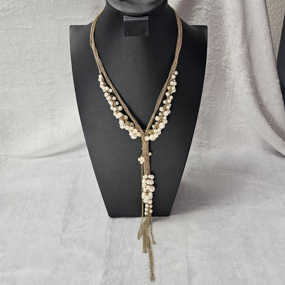 Gold Tone Cascading Faux Pearl Bubble Cluster Lariat Necklace Chain Tassel Drop